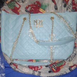 Badgley Mischka Large Light Blue Quilted Double Chained Handle Bag Purse BMH-106